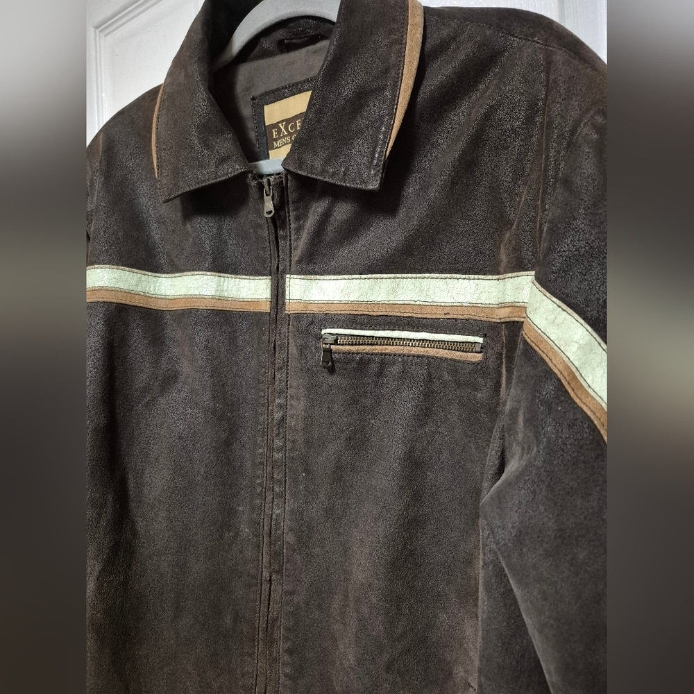 EXCELLED Men's Dark Brown and Tan Bomber  Leather Jacket